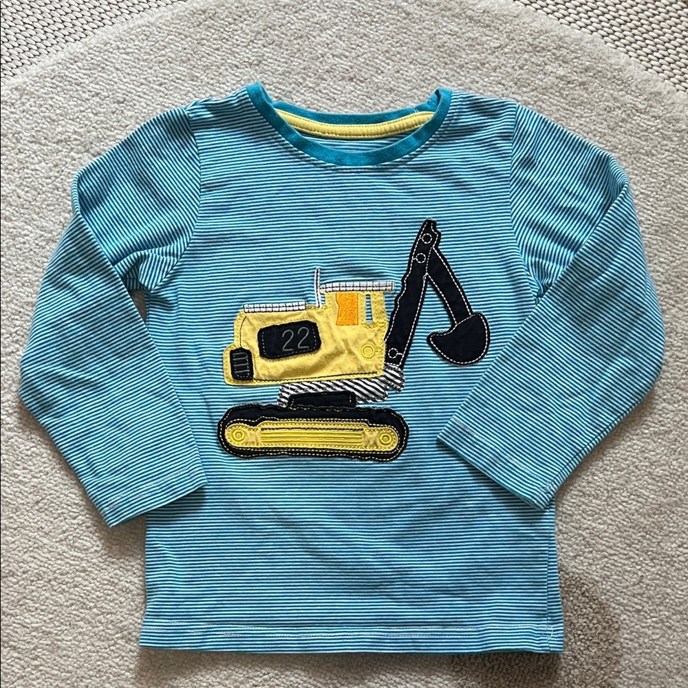 Striped Blue Long Sleeve Shirt with Excavator Design Size 4T